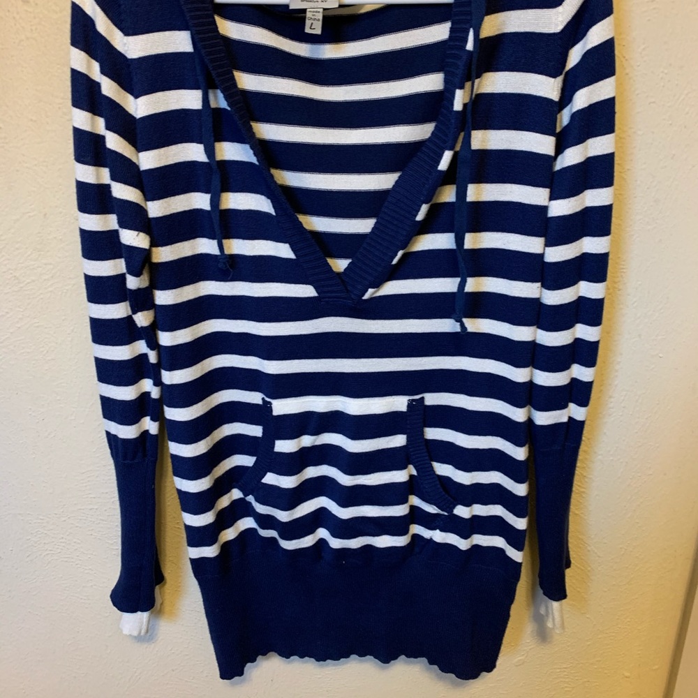 Navy blue and white striped hoodie sweater
